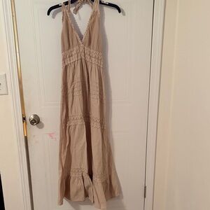 Beige Maxi Halter Dress with Smocked Waist